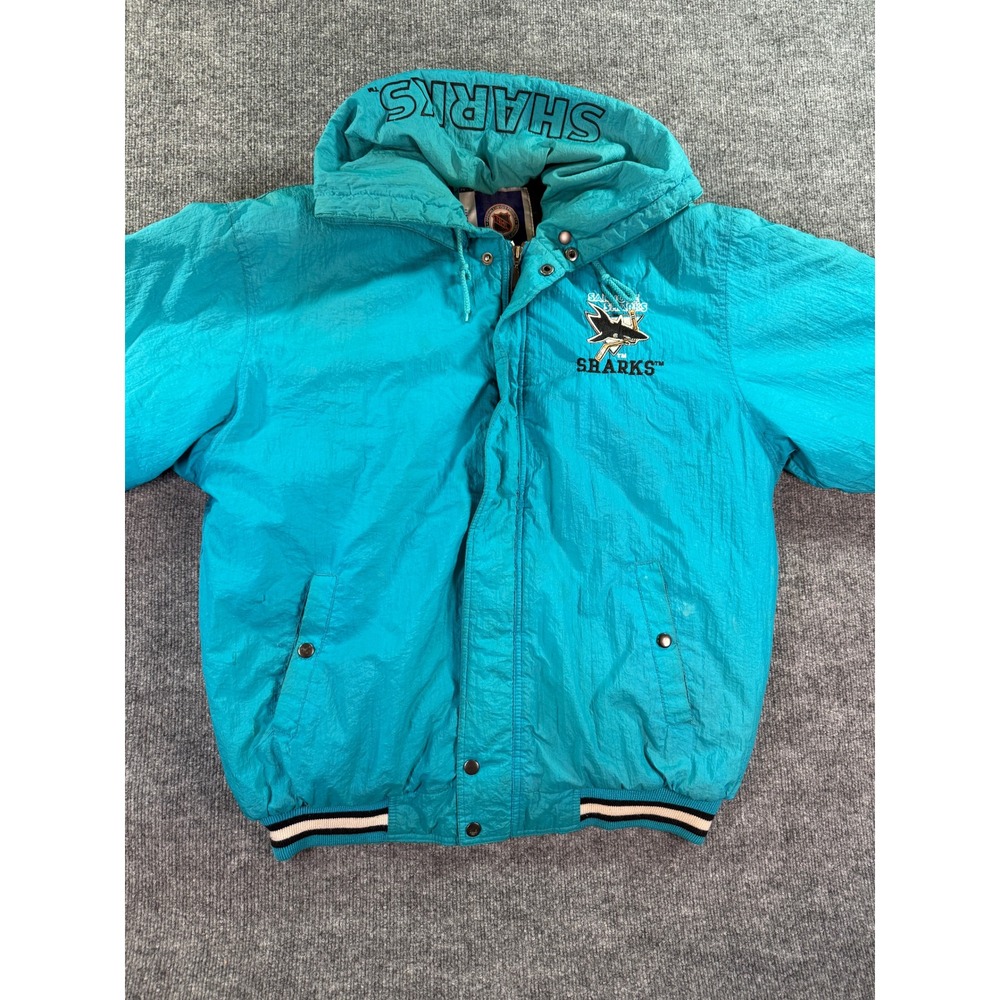 Vintage San Jose Sharks Jacket Mens Medium Teal Competitor 90s NHL Puffer Hooded - Picture 5 of 14
